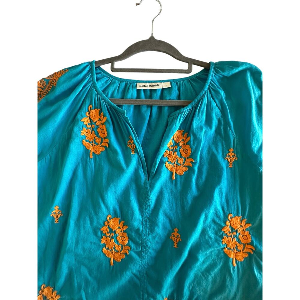 *SOLD* Roller Rabbit Women’s Teal Embroidered Cotton Blouse Size Small NWOT Boho - Picture 2 of 10